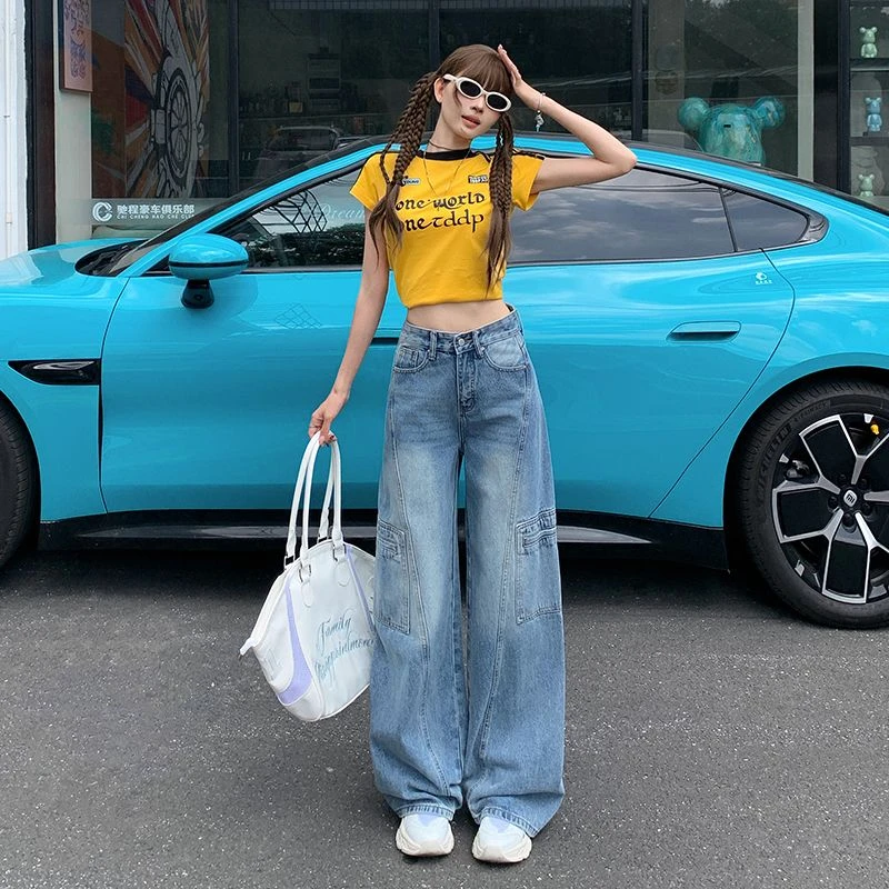 美式复古垂感阔腿工装牛仔裤女2025秋季高腰宽松显瘦直筒拖地长裤