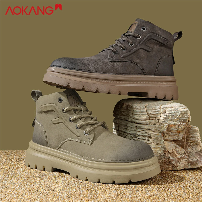 奥康工装靴冬季季男士休闲鞋美式复古中帮皮面登山厚底马丁靴
