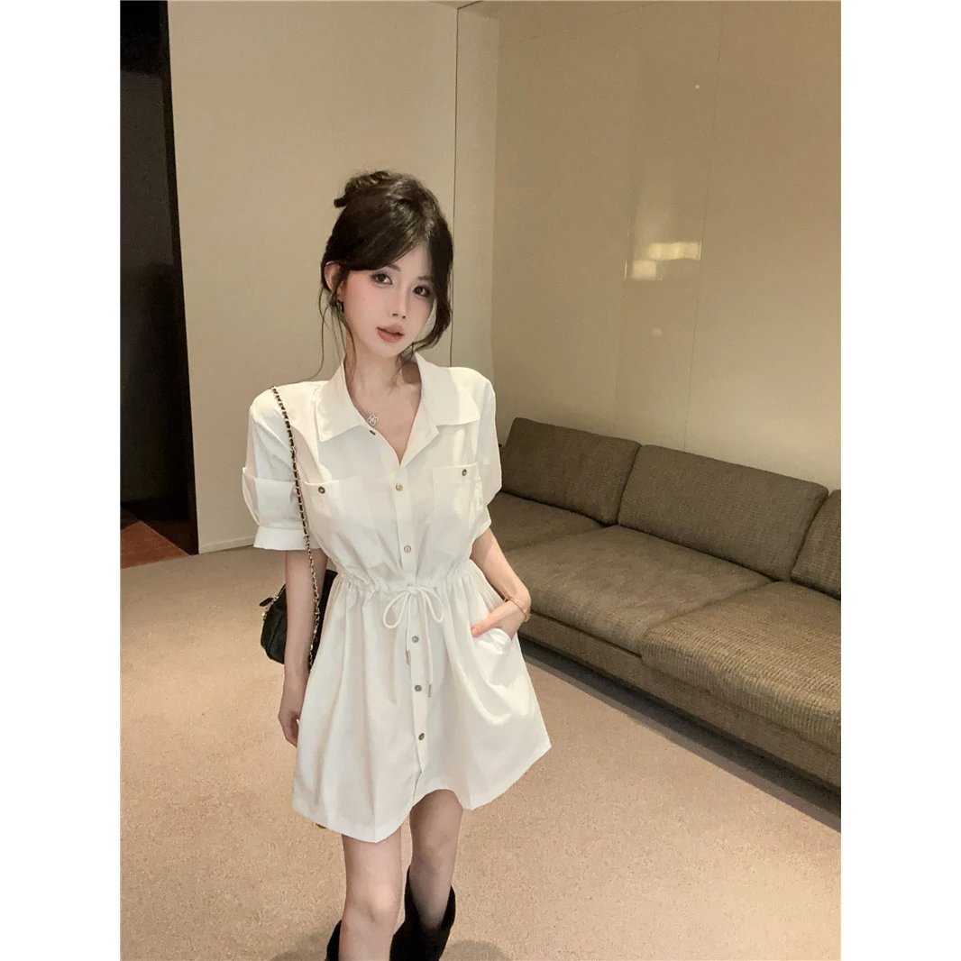 夏季新款复古工装气质polo领连衣裙短袖抽绳收腰修身显瘦时尚短裙