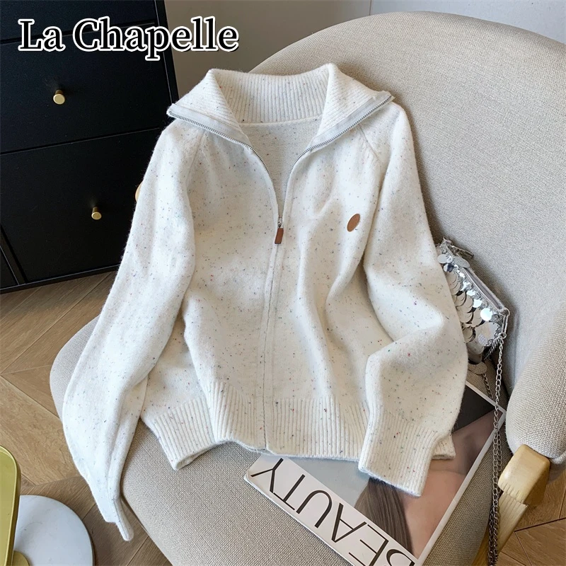 拉夏贝尔秋季法式翻领慵懒风针织开衫韩版百搭设计感宽松显瘦毛衣