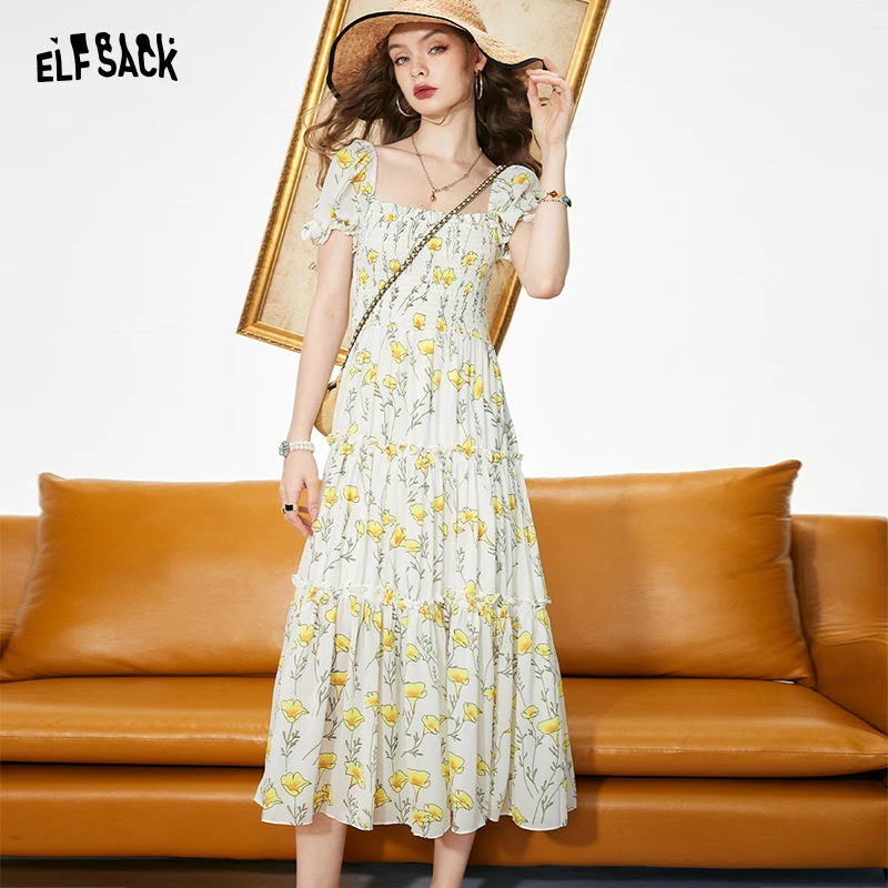 【小铃铛】妖精的口袋裙碎花气质法式泡泡袖中长款甜美显瘦时