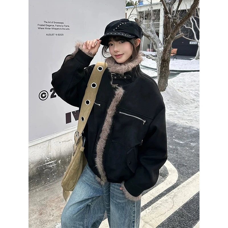 美式麂皮绒座山雕毛领夹克棉服男款冬季加厚保暖工装短款棉衣外套