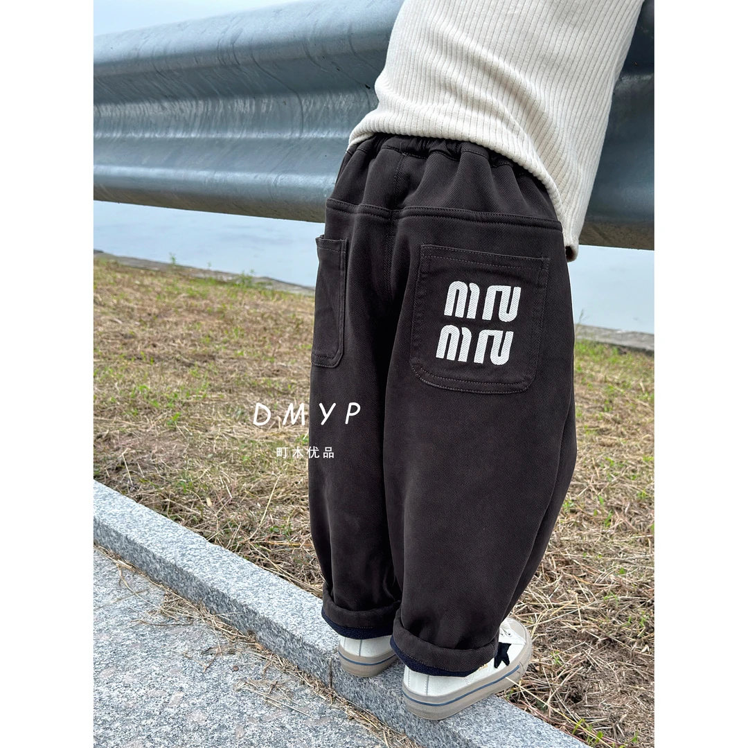 【町木优品】儿童秋冬百搭男童字母绣字纯色加绒韩版布裤 K6175