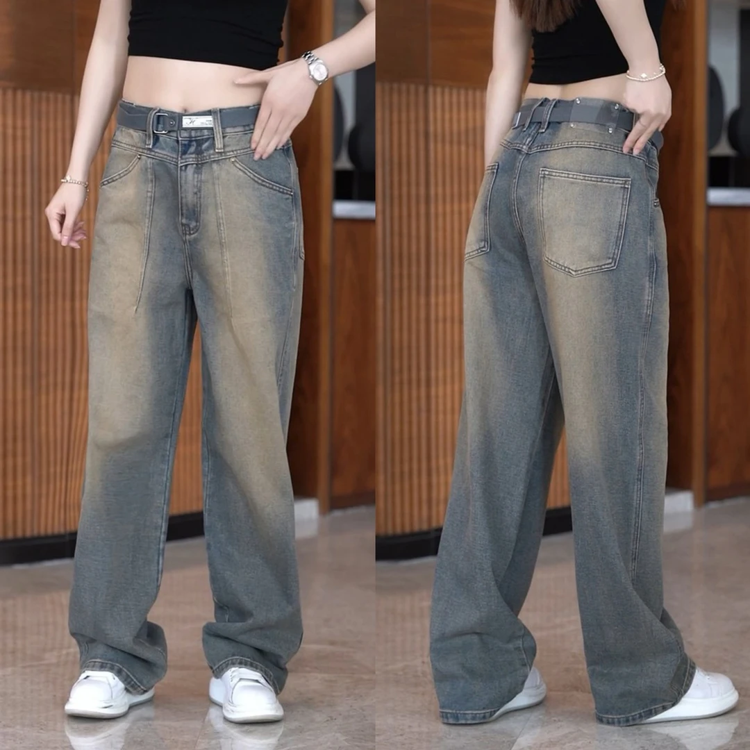 美式潮牌复古水洗做旧牛仔裤男夏季季高街宽松百搭阔腿休闲直筒裤