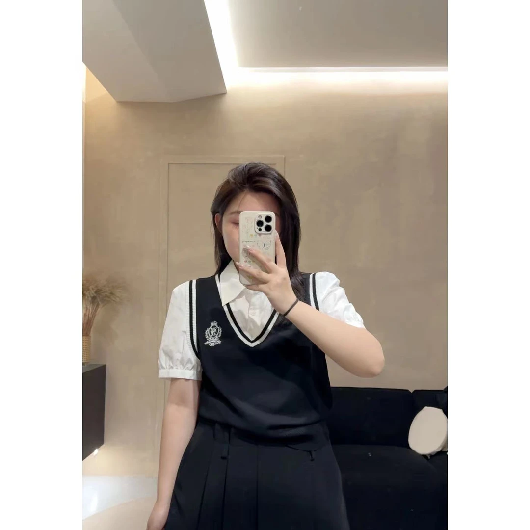 晶咕【圣托里尼】学院风假两件针织短款衬衫显瘦气质减龄撞色