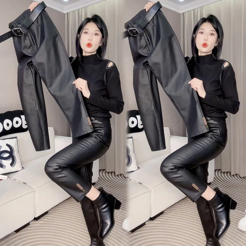 欧货2024秋冬新款时尚pu皮裤女显瘦百搭休闲裤脚装饰九分皮直筒裤