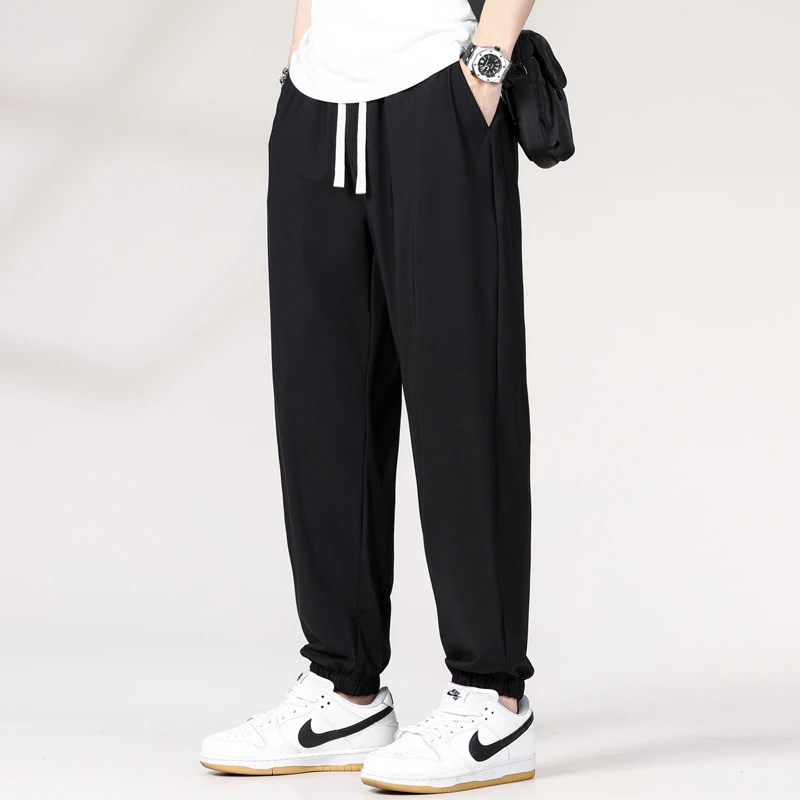 大码男装夏季新品冰丝休闲裤男宽松加大码抽绳束脚薄款长裤