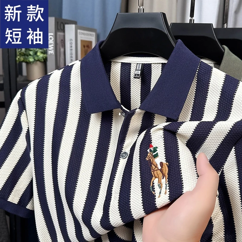 翻领人物夏季水洗男秀花宽松型Polo衫条纹休闲上衣大码短袖针织