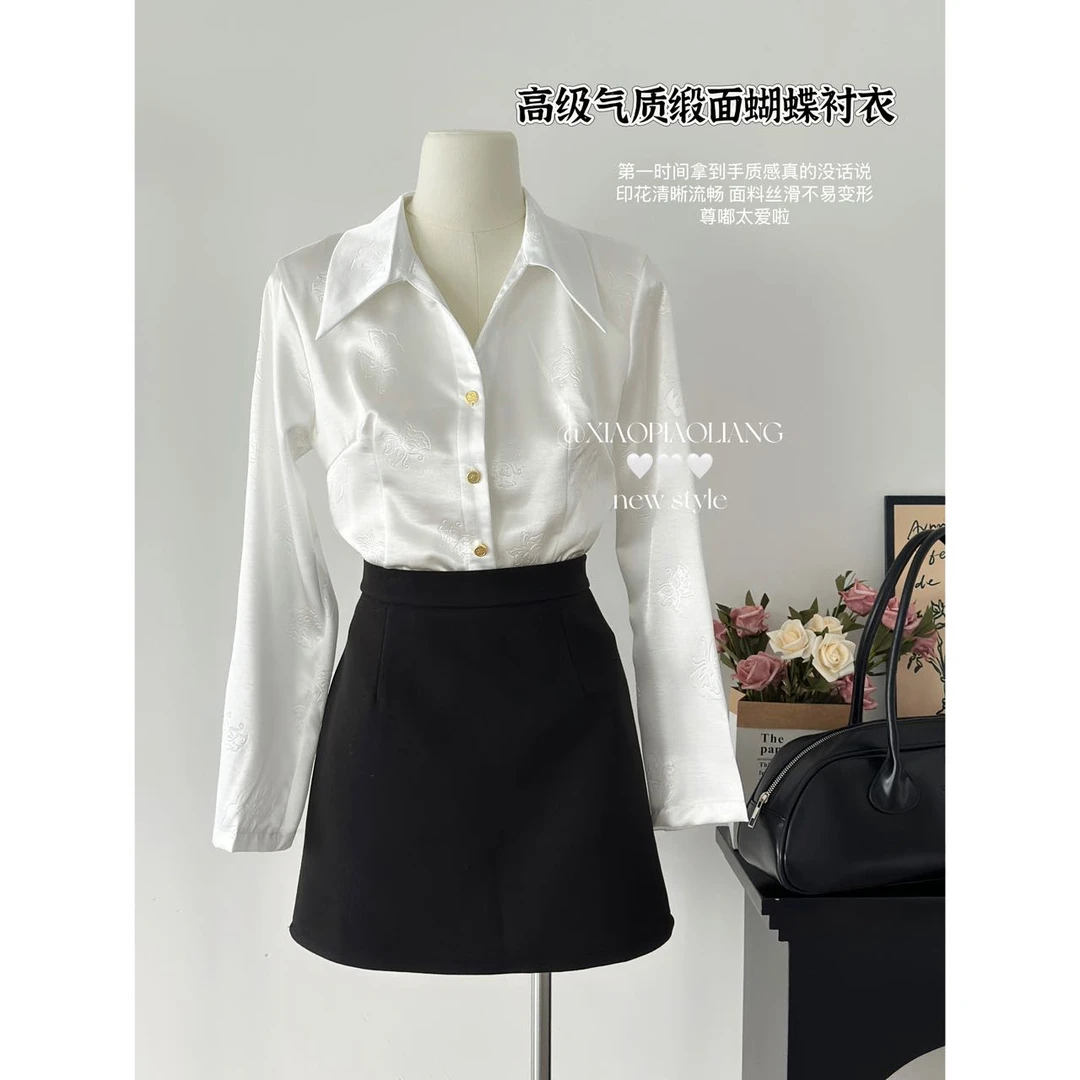 惠小慧-新款法式轻奢高级印花设计感白色长袖显瘦衬衫女8013#0.15