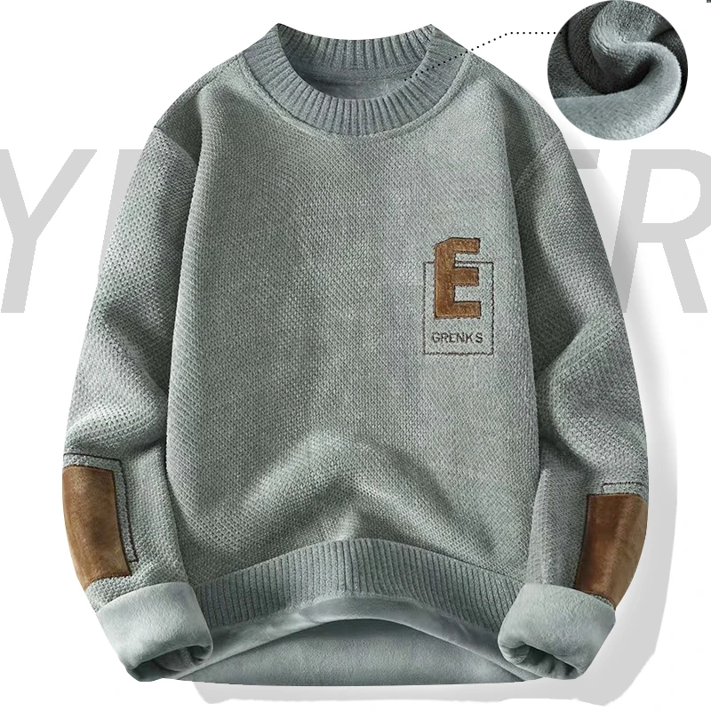 男款秋冬季毛衣加绒圆领打底衫加厚刺绣保暖衣休闲宽松半高领男装