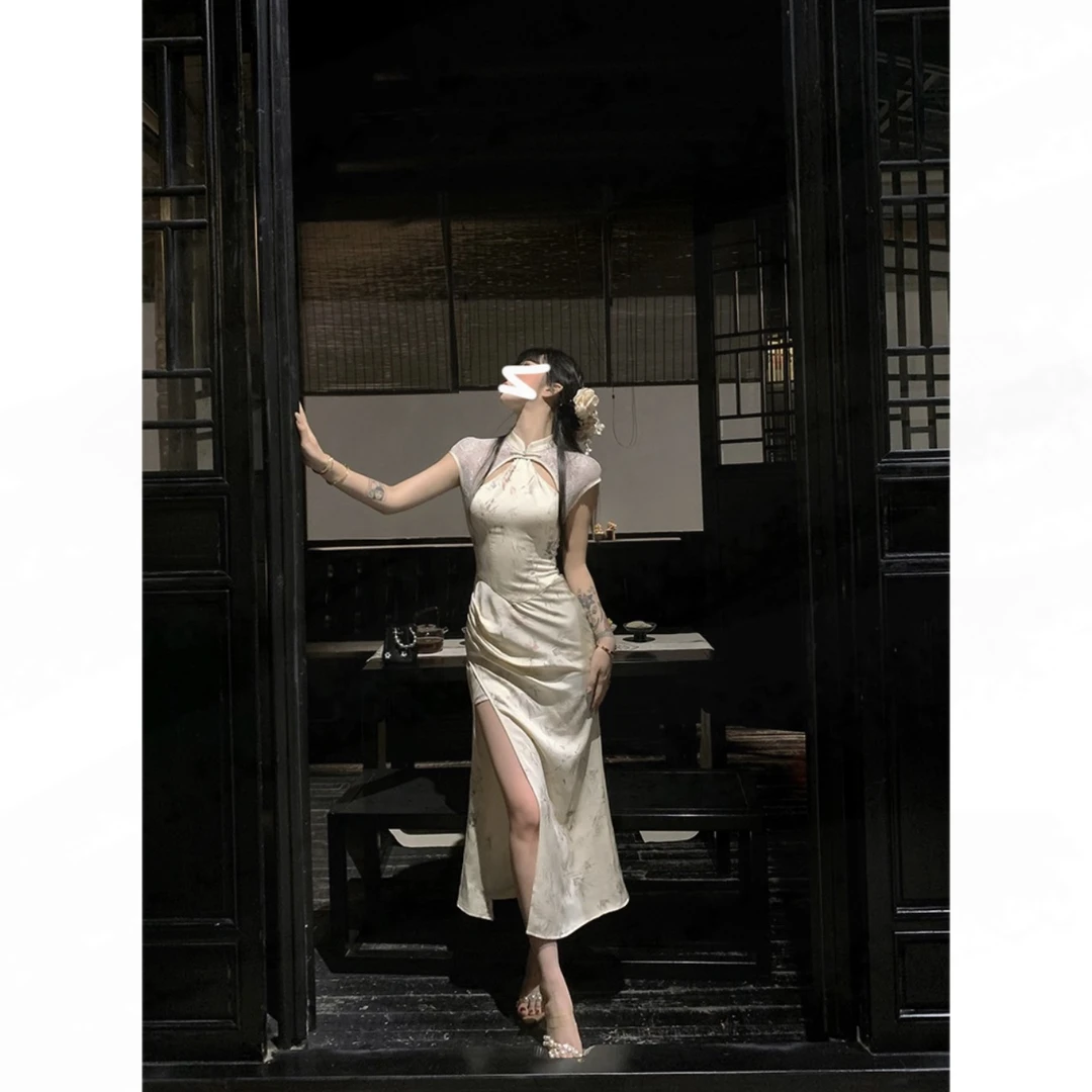 姨新中式改良旗袍连衣裙女夏季新款拼接蕾丝复古国风辣妹长裙