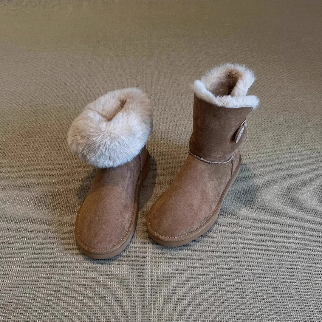 韩系百搭纽扣加绒保暖短筒棉鞋2026冬季新款百搭复古低跟雪地靴女