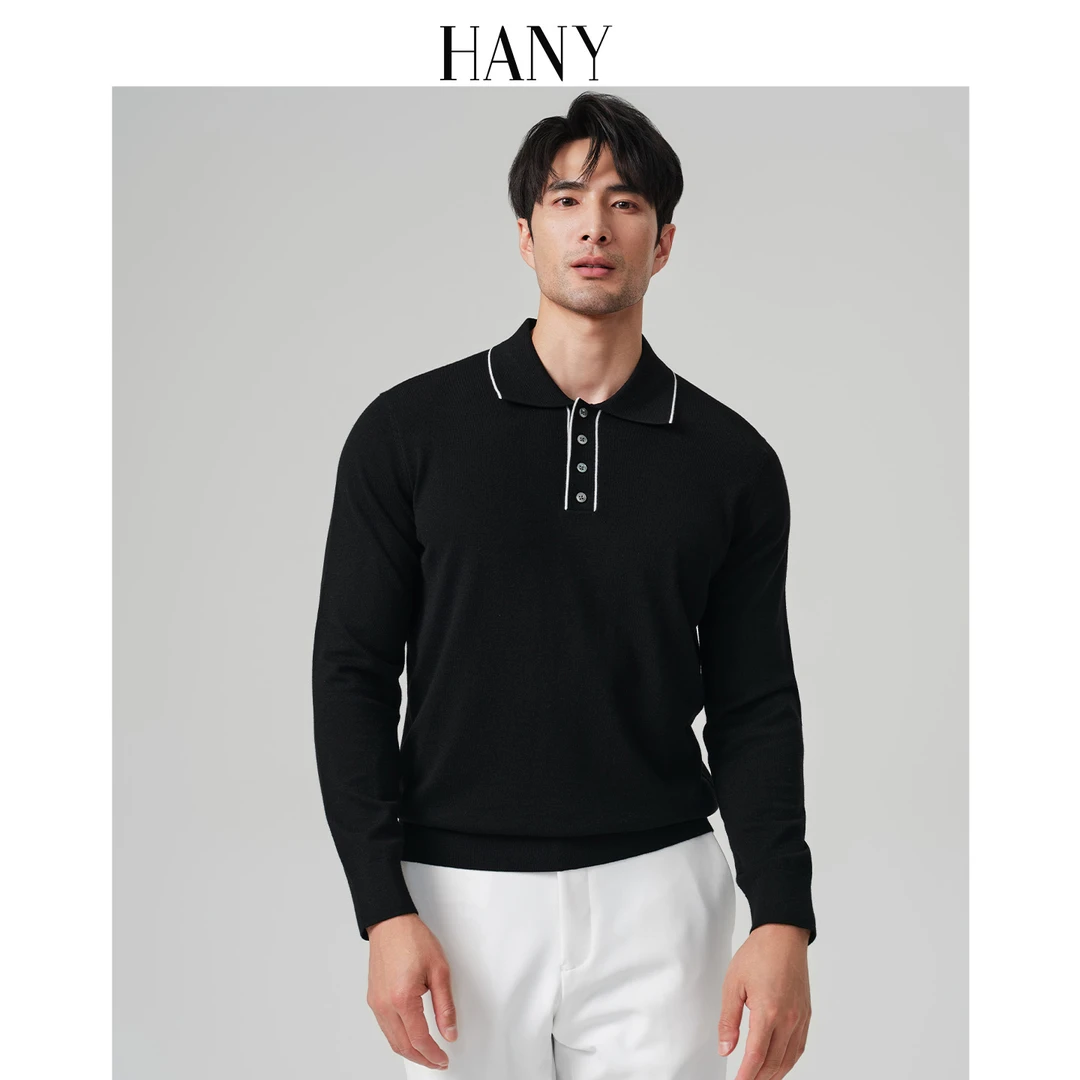HANY【可机洗澳毛】羊毛衫男2025新款撞色保暖针织衫黑色毛衣秋季