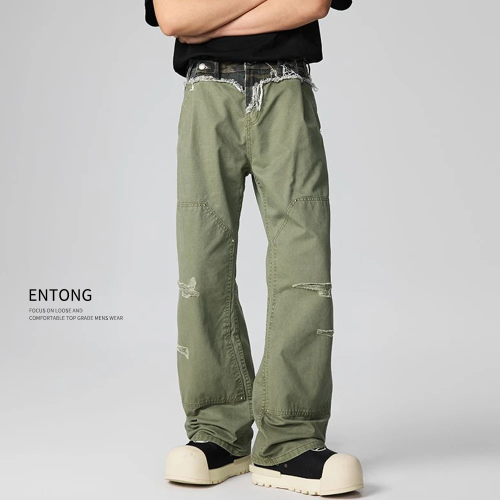 Entong美式高街破洞工装牛仔裤男女小众设计感直筒伐木休闲男长裤