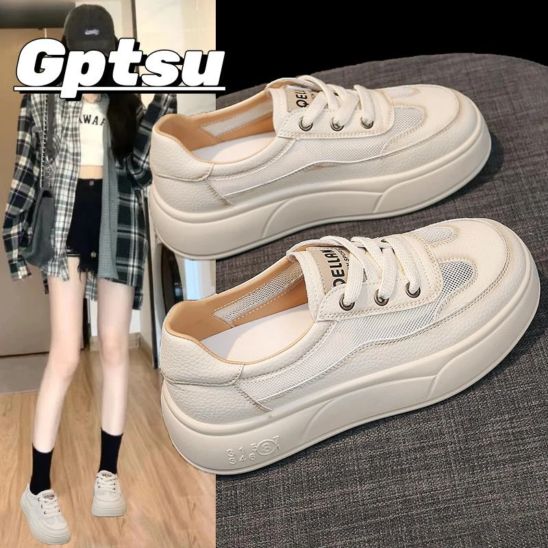 GPTSu小白鞋女士夏季薄款透气网鞋时尚百搭厚底配裙子显脚小板鞋
