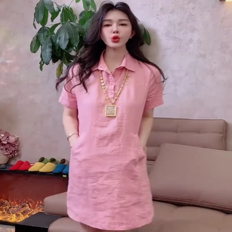 2025夏季新款简约短袖衬衫宽松休闲显瘦连衣裙纯色简约遮肉通勤