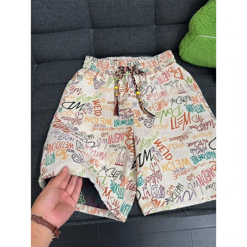 涂鸦短裤男夏季外穿2025新款潮牌痞帅高街五分裤休闲直筒宽松中裤
