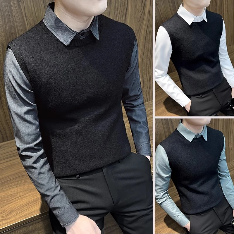 男士长袖假两件针织衫男春秋衬衫领毛衣高级感上衣男士秋装上衣