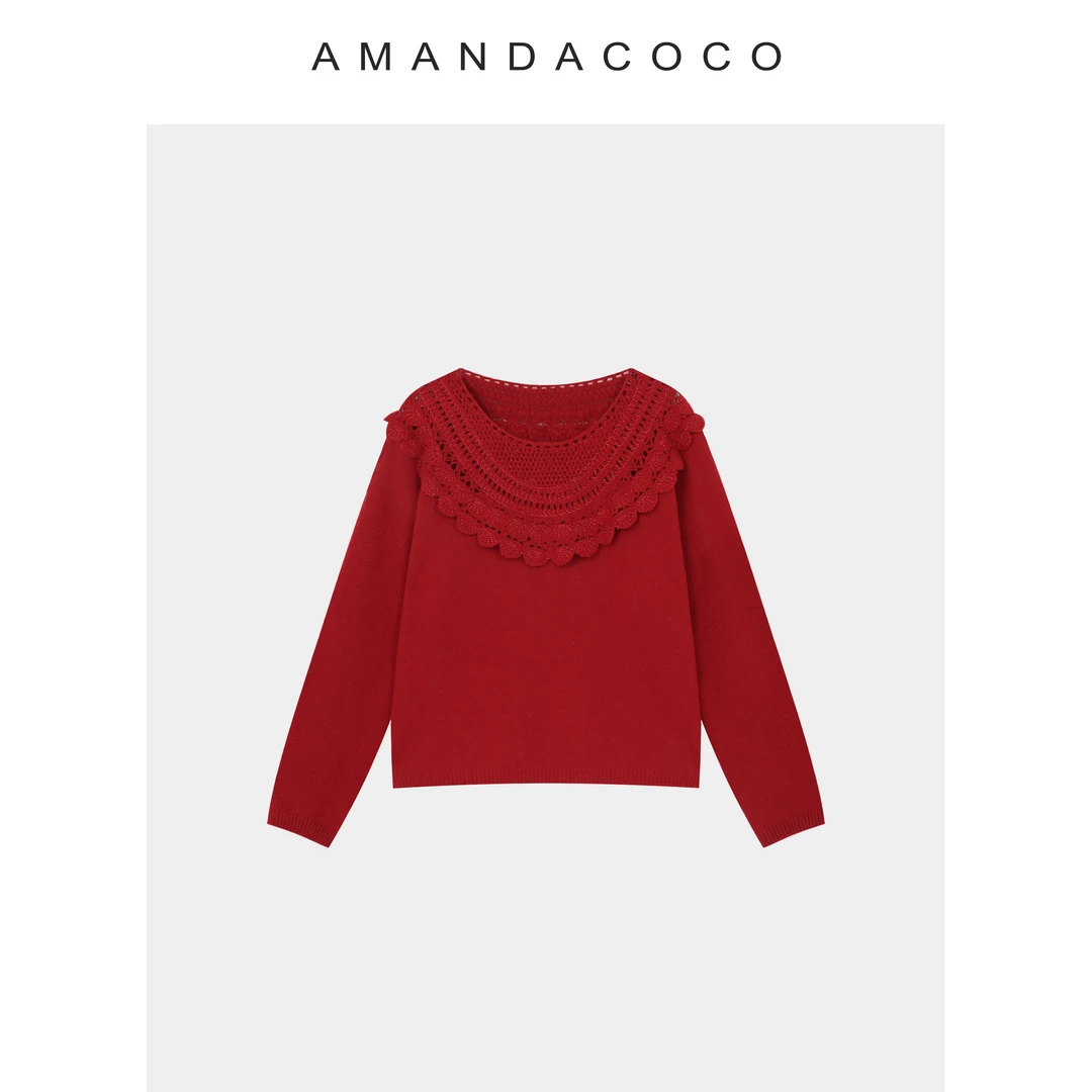 浪漫法式～25秋冬设计感烫钻手工钩花荷叶领长袖毛衣