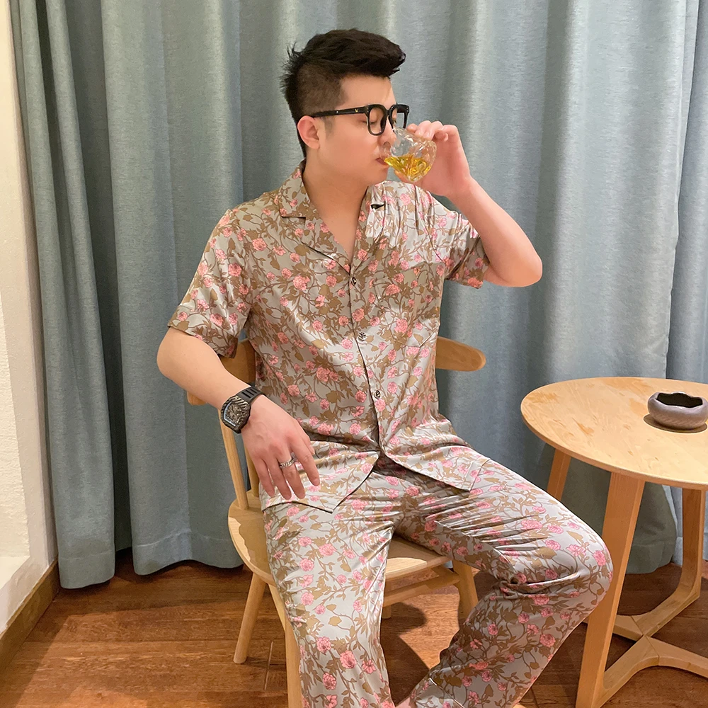 【特价2XL，4XL】大码男士冰丝碎花睡衣套装家居服
