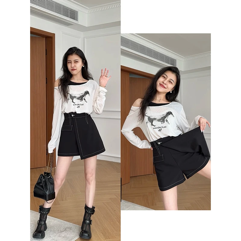 张阿星【青春随笔】美式薄款凉感假两件上衣+遮肉裙裤   W425Y10886