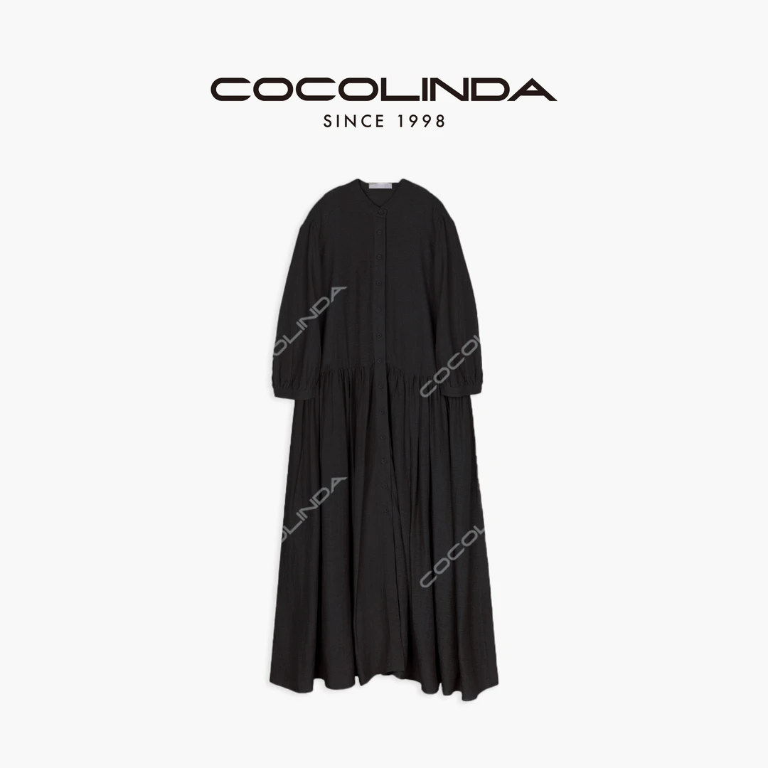 COCOLINDA“庄园女主” 圆领系扣宽松长袖连衣裙 Q1594显瘦气质气质