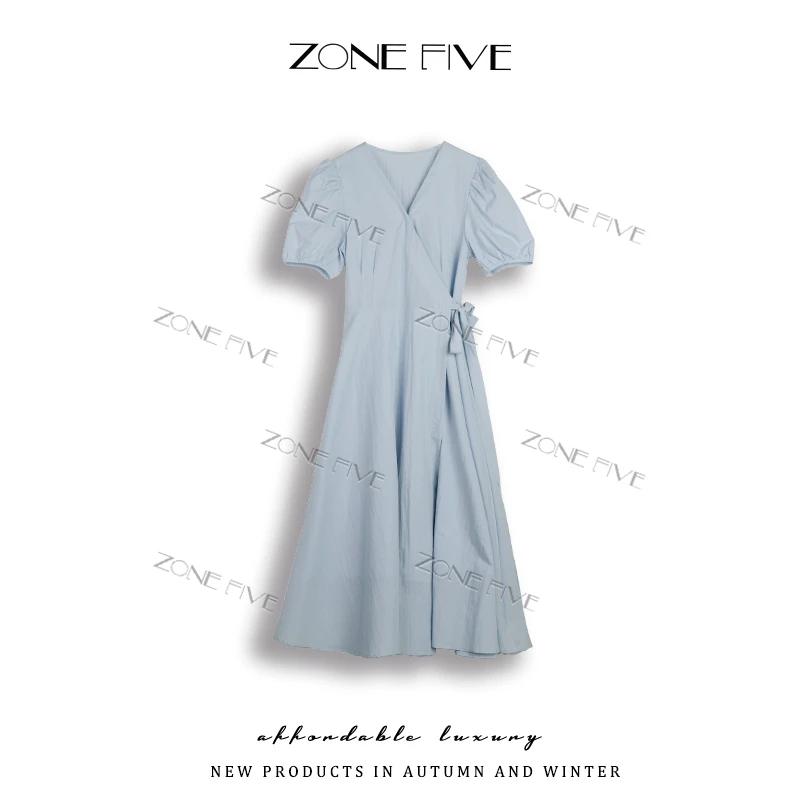 【zonefive】安琪韩系交叉v领连衣裙女中长款度假温柔长裙