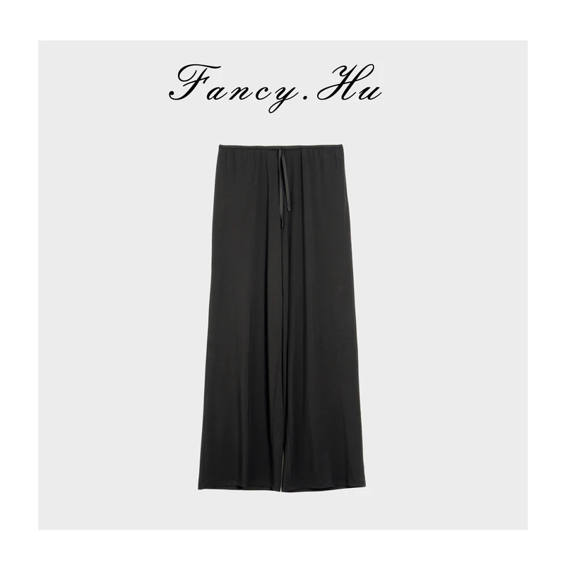 【Fancy.Hu】凉凉裤莫代尔+桑蚕丝松紧系带腰黑色简约长裤FG260251