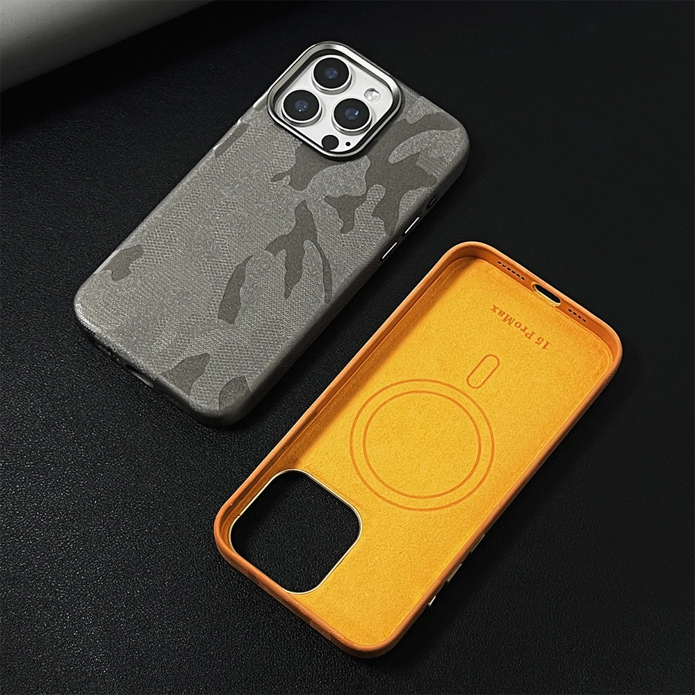 磁吸【迷彩科技皮革】手机壳高级简约适用苹果16promax金属按键小众
