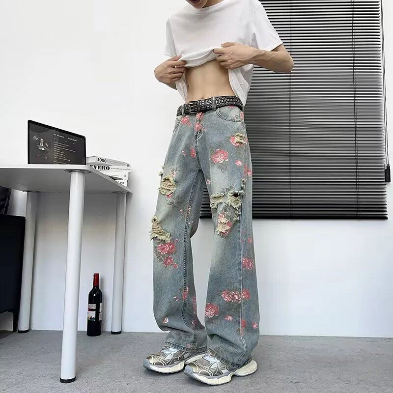 玫瑰花卉破洞牛仔裤男生夏季薄款高街vibe弯刀裤子潮牌直筒微喇裤