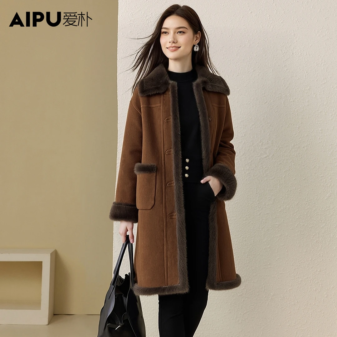 爱朴大码女装冬季新款时尚洋气保暖厚款翻领显瘦加绒外套77250