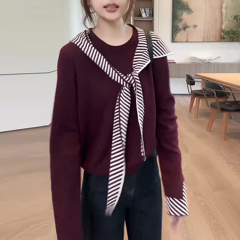 韩系拼接斜条纹袖口套头长袖针织衫女2025春秋新款洋气高级感上衣