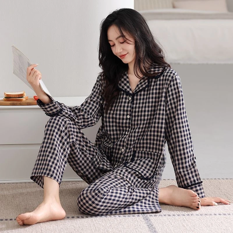 带胸垫睡衣女春秋款梭织纯棉长袖全棉薄款透气纱布妈妈家居服套装