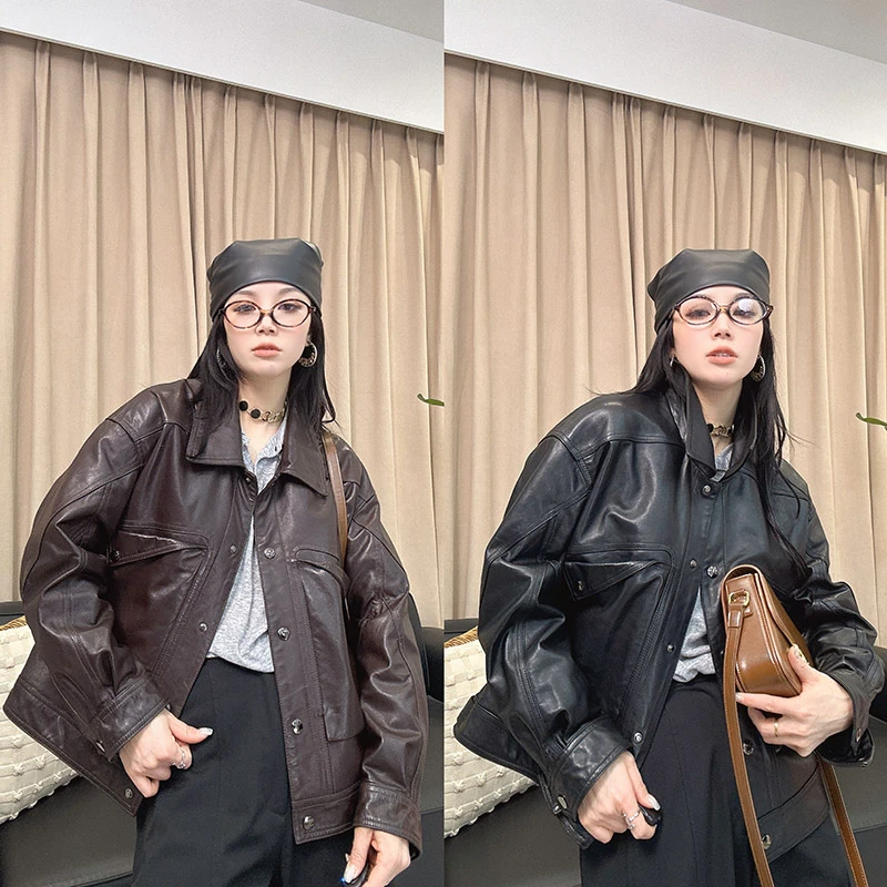 2025秋季新款真皮皮衣外套女翻领长袖口袋绵羊皮夹克进口小个子爆