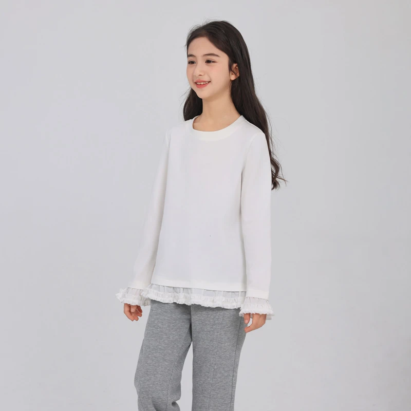 1775女童长袖白T蕾丝拼接款儿童高级感大童洋气春款韩系内搭上衣