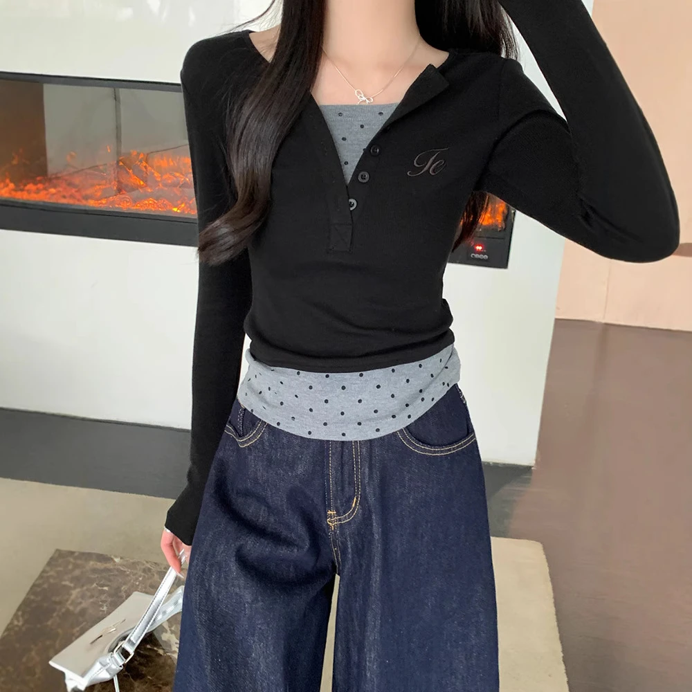 假两件撞色波点拼接T恤女秋季设计感别致减龄修身正肩上衣打底衫