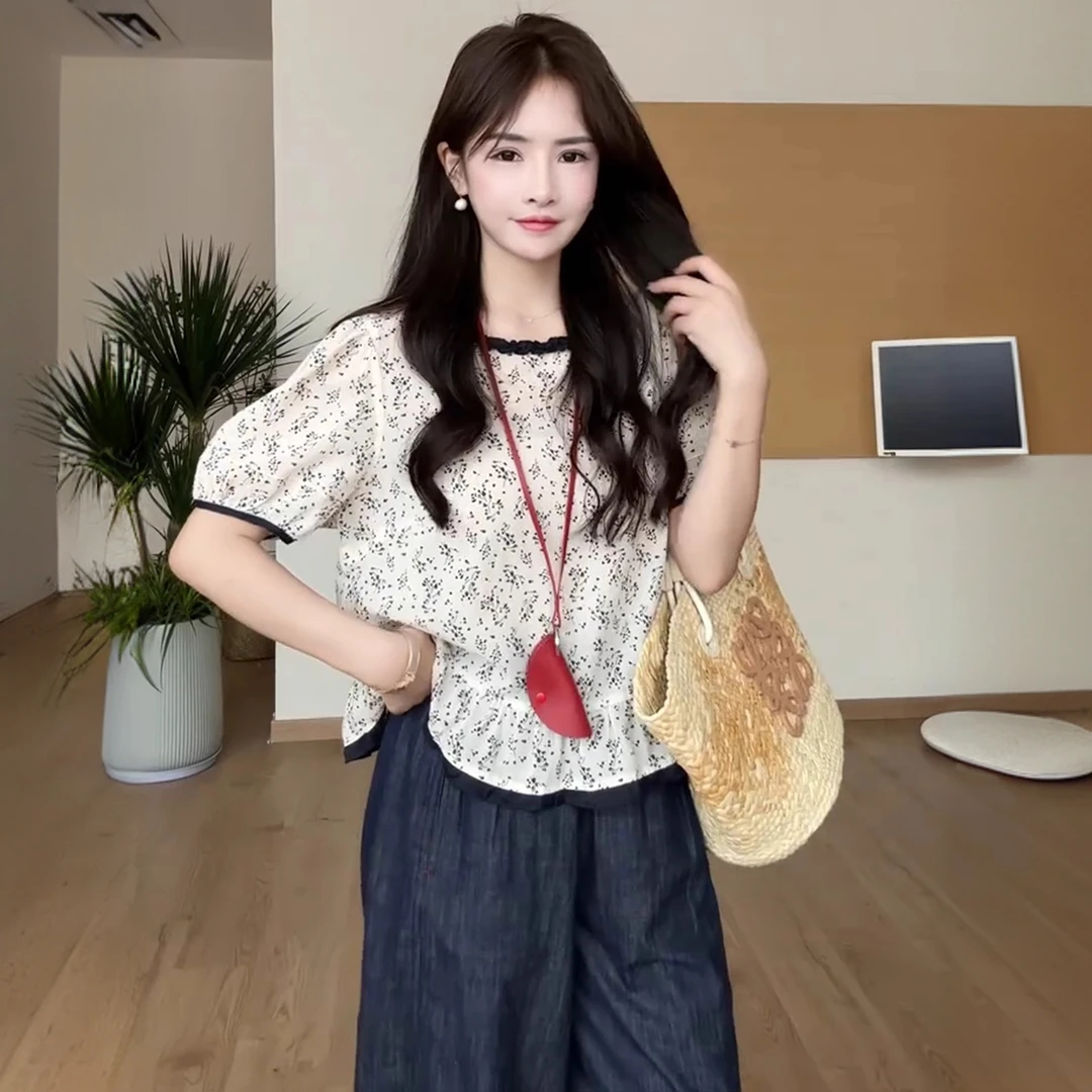 M-4XL大码短袖衬衫女时尚宽松显瘦圆领设计感碎花洋气减龄上衣女