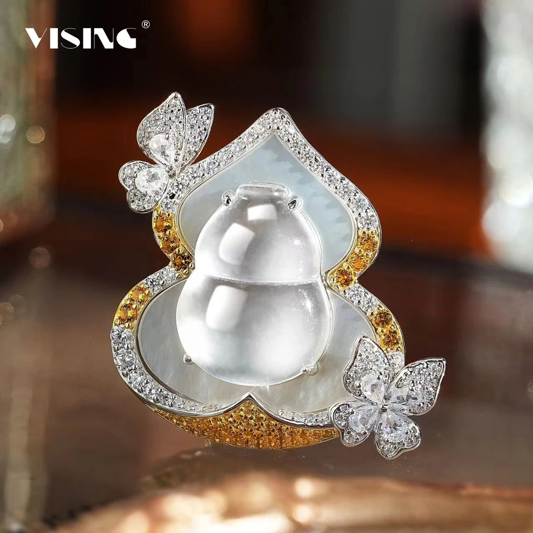 VISING天然石英质玉水沫双福蝶舞葫芦吊坠项链挂坠国风新中式