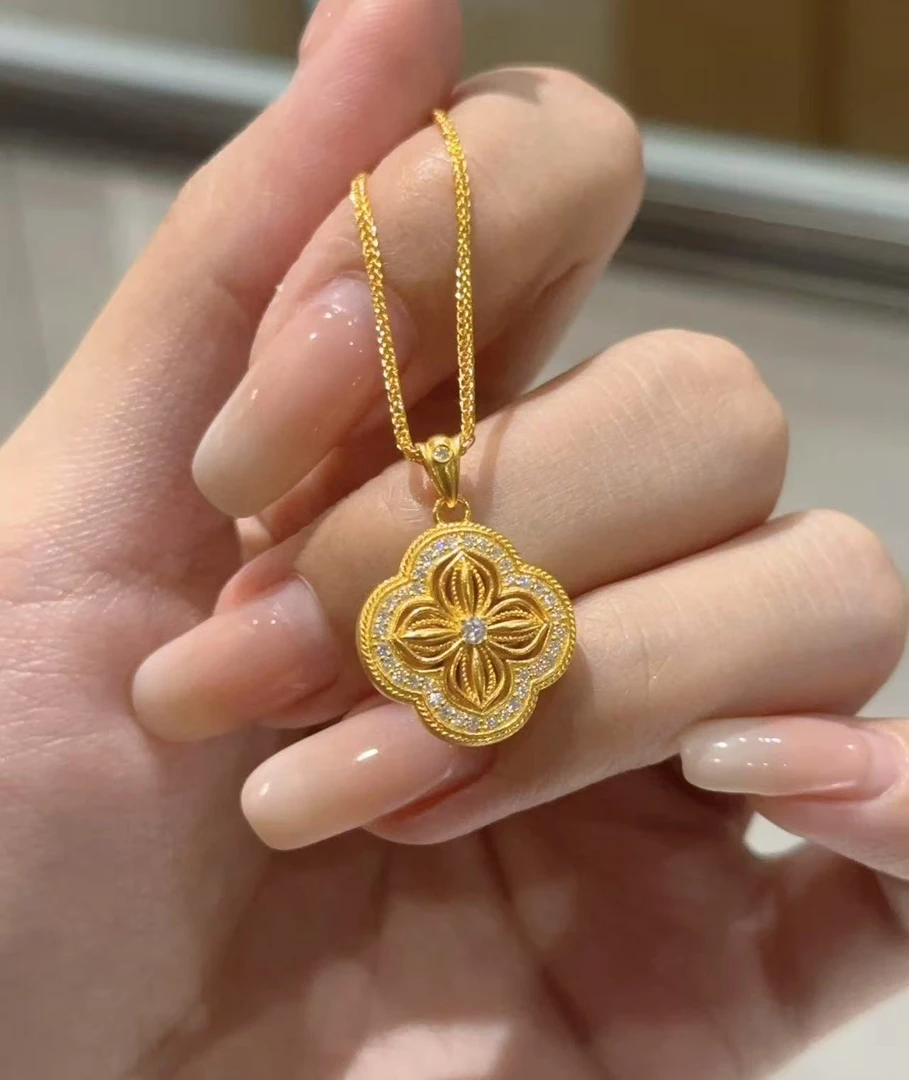 足金999 镶嵌金刚杵四叶草套链