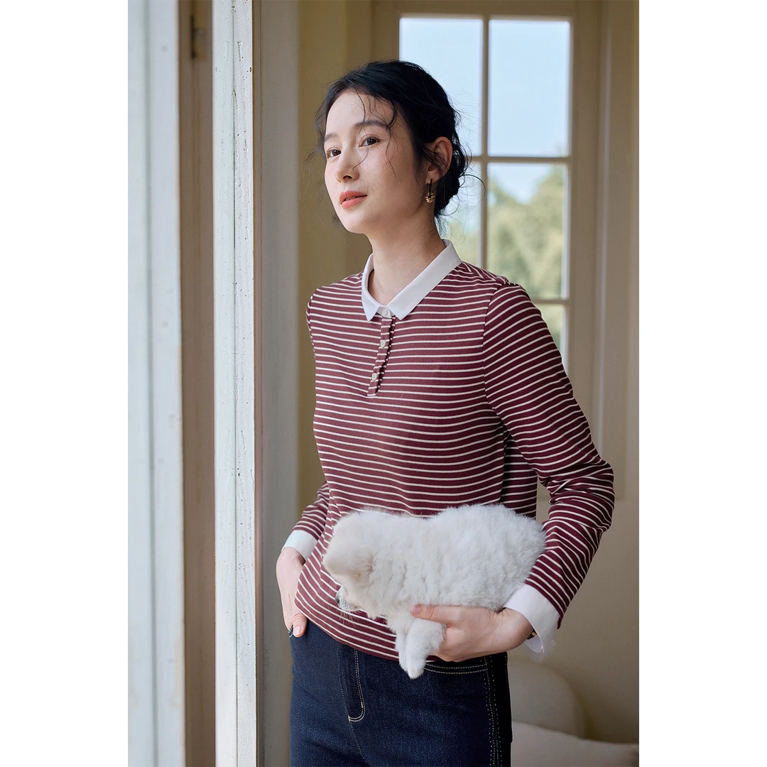 红念复古纯棉条纹T恤女长袖宽松休闲2025年秋装新款女装气质上衣