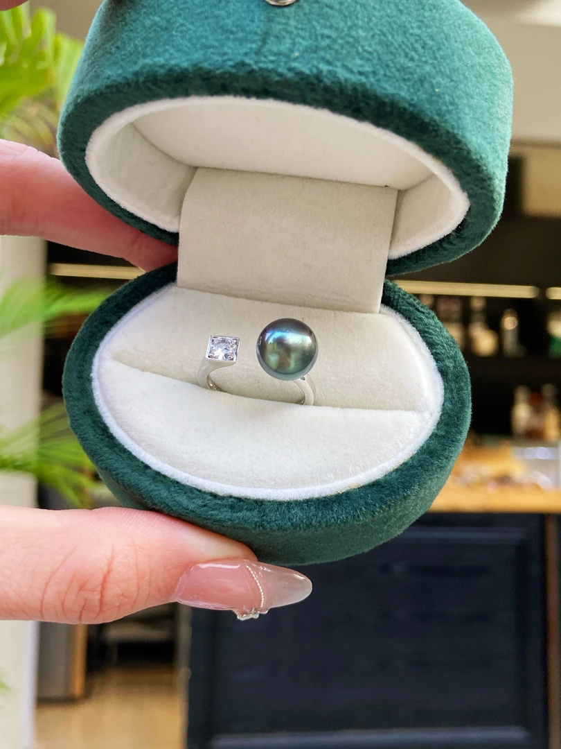 正品海水珍珠大溪地黑珍珠戒指简约单钻戒指（多样性发一）