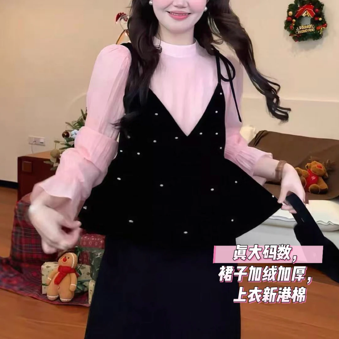 雯雯子定制法式贵气千金套装大码冬季衬衫珍珠v领丝绒吊带半身裙
