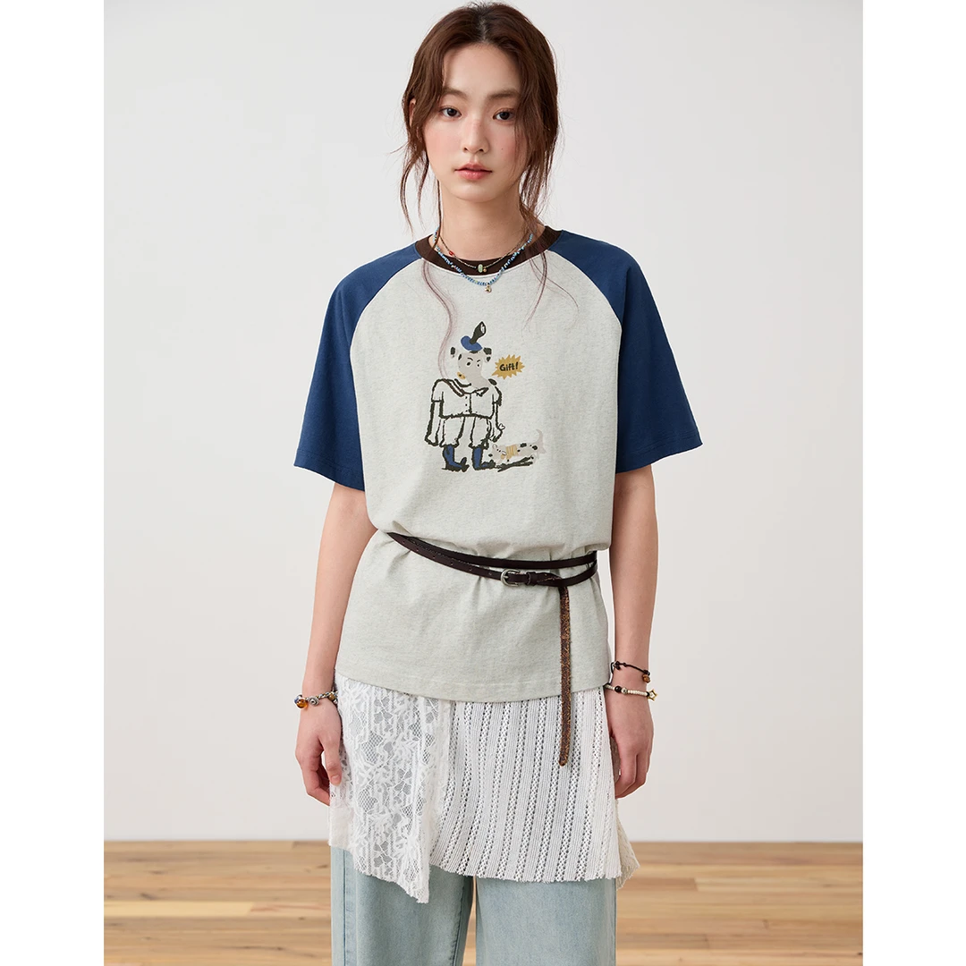 章鱼家【宽松】圆领短袖t恤撞色印花插肩袖上衣女夏季octopusme