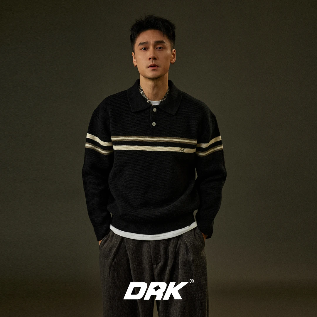 DRK条纹翻领针织毛衣冬商务休闲老钱风时尚撞色宽松长袖上衣男士