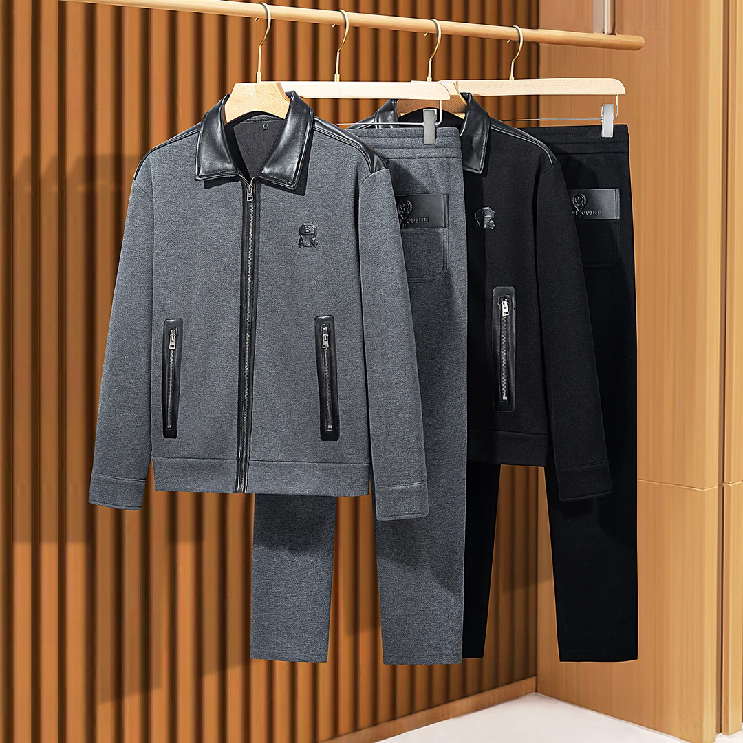 冬季轻奢老钱风保暖加绒加厚男士两件套纯色潮牌休闲百搭运动套装
