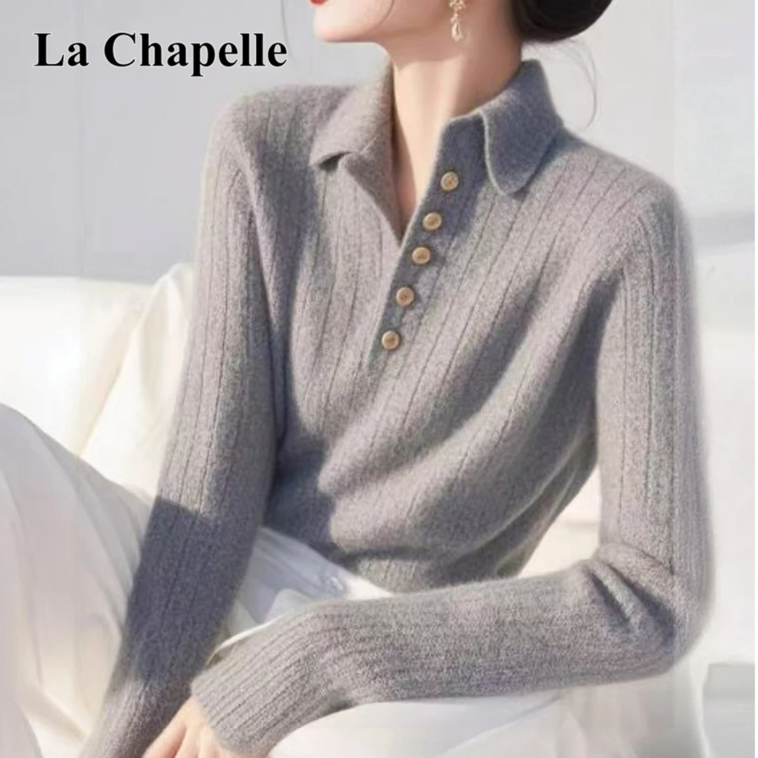 拉夏贝尔秋冬高级感超好看灰色翻领毛衣女慵懒风软糯内搭外穿针织