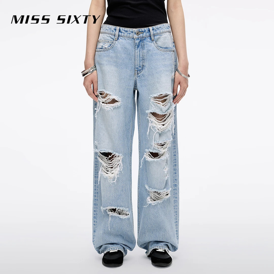 Miss Sixty2025新款牛仔裤女高腰不规则破洞毛边直筒长裤