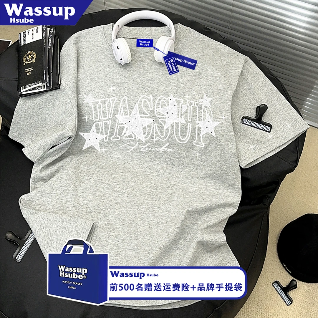 WASSUP HSUBE字母印花短袖美式高街T恤男女情侣oversize宽松上衣