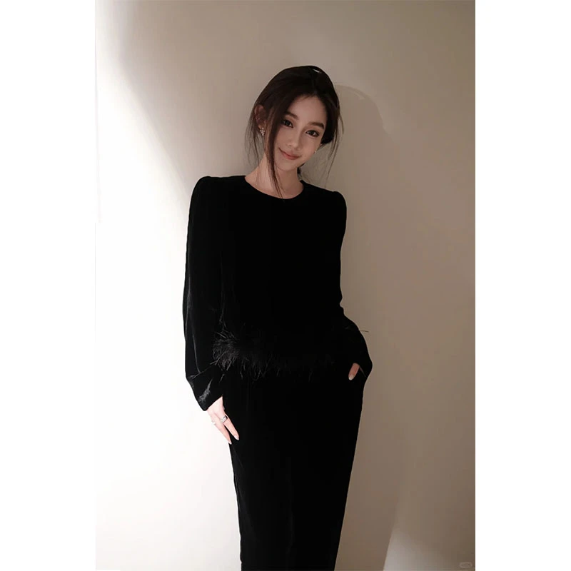 千金风气质穿搭毛毛下摆短款修身长袖上衣高腰直筒百搭休闲半身裙