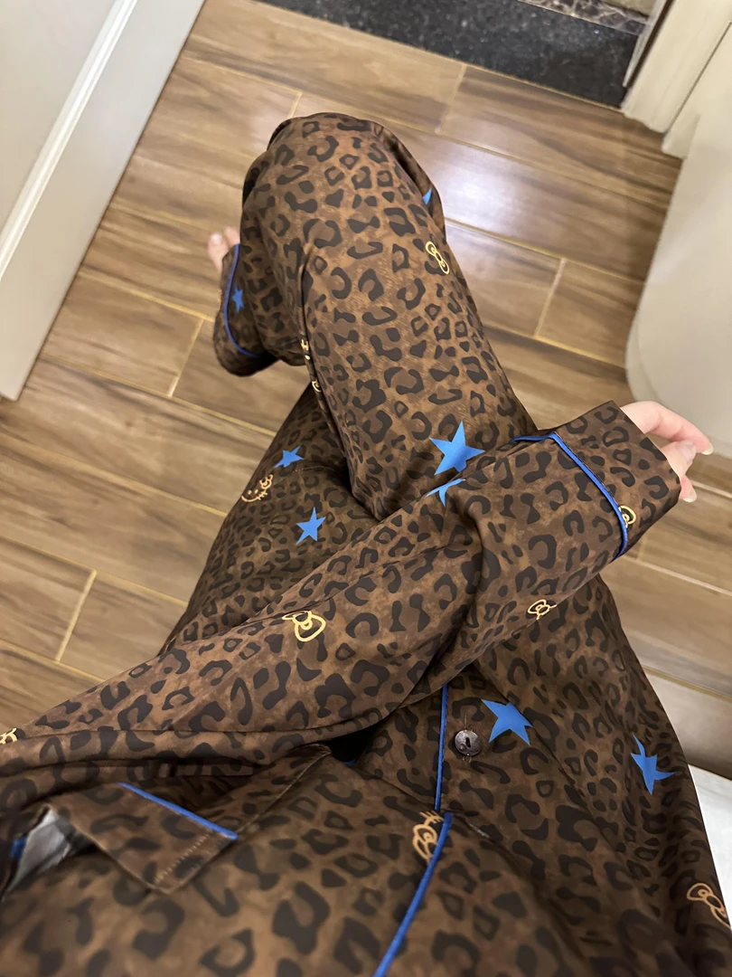 复古新款韩系豹纹设计感印花冰丝睡衣女春秋长袖长裤家居服套装